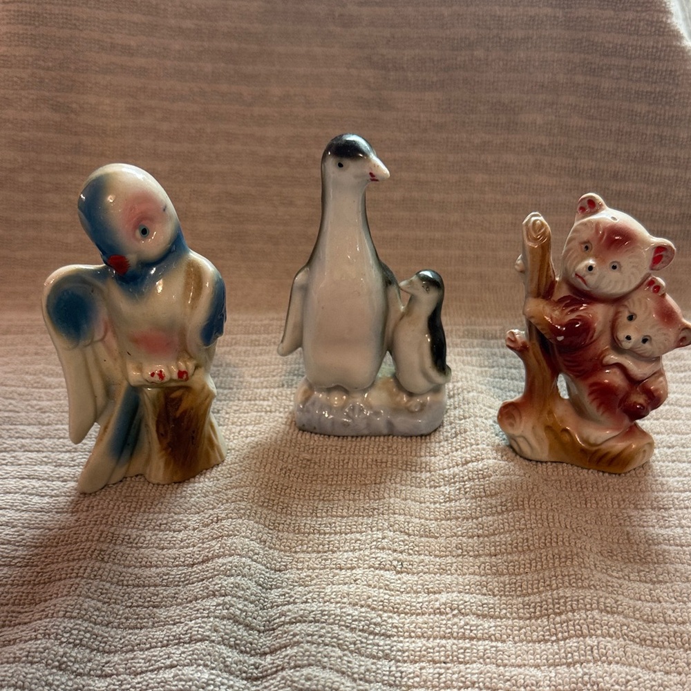 Vintage porcelain bird, penguin & bear figurines. Made in Japan